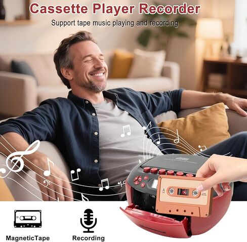 Portable CD Player and Cassette Player with Remote Control, FM Radio, USB Playback, Bluetooth Speaker, Recording Function, Battery/AC Powered for Elderly in Kuwait