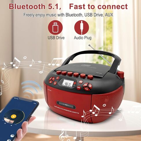 Portable CD Player and Cassette Player with Remote Control, FM Radio, USB Playback, Bluetooth Speaker, Recording Function, Battery/AC Powered for Elderly in Saudi Arabia