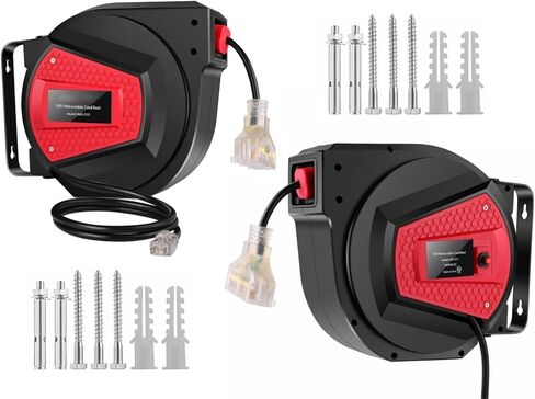 حزمة من بكرات سلك تمديد قابلة للسحب بطول 2-50 قدم - أسلاك تمديد قابلة للسحب للسقف أو الحائط - بكرات سلك طاقة مقاس 14 مع 3 منافذ - قاطع دائرة 13 أمبير + دوار 180 درجة - مدرج في قائمة UL in Kuwait