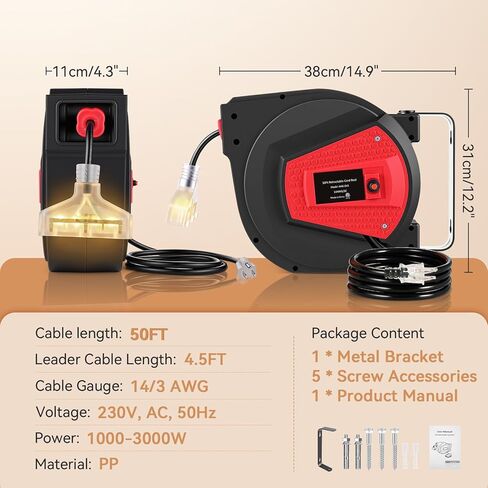 حزمة من بكرات سلك تمديد قابلة للسحب بطول 2-50 قدم - أسلاك تمديد قابلة للسحب للسقف أو الحائط - بكرات سلك طاقة مقاس 14 مع 3 منافذ - قاطع دائرة 13 أمبير + دوار 180 درجة - مدرج في قائمة UL in Kuwait