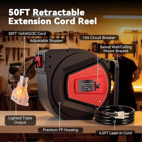 حزمة من بكرات سلك تمديد قابلة للسحب بطول 2-50 قدم - أسلاك تمديد قابلة للسحب للسقف أو الحائط - بكرات سلك طاقة مقاس 14 مع 3 منافذ - قاطع دائرة 13 أمبير + دوار 180 درجة - مدرج في قائمة UL in Kuwait