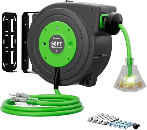 50 FT Retractable Extension Cord Reel, Heavy Duty 12AWG/3C SJTOW Power Cord, Lighted Triple Tap, 15A Circuit Breaker, Wall/Ceiling Mount Electric Cord Reel for Garage & Workshop, ETL Listed, Blue in Saudi Arabia
