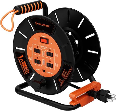 Extension Cord Storage Reel with 4-Grounded Outlets & 2 USB Ports, Heavy Duty Open Cord Reel for 12/3,14/3,16/3 Gauge Power Cord, Hand Wind Retractable, 15A Circuit Breaker, ETL Listed, Orange in Saudi Arabia