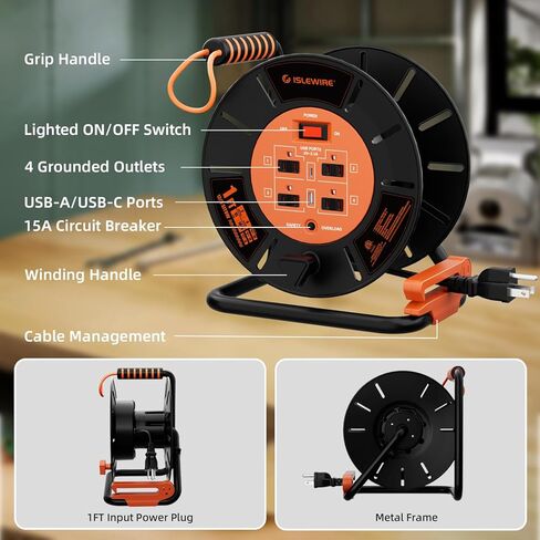 Extension Cord Storage Reel with 4-Grounded Outlets & 2 USB Ports, Heavy Duty Open Cord Reel for 12/3,14/3,16/3 Gauge Power Cord, Hand Wind Retractable, 15A Circuit Breaker, ETL Listed, Orange in Saudi Arabia