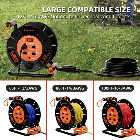 Extension Cord Storage Reel with 4-Grounded Outlets & 2 USB Ports, Heavy Duty Open Cord Reel for 12/3,14/3,16/3 Gauge Power Cord, Hand Wind Retractable, 15A Circuit Breaker, ETL Listed, Orange in Saudi Arabia