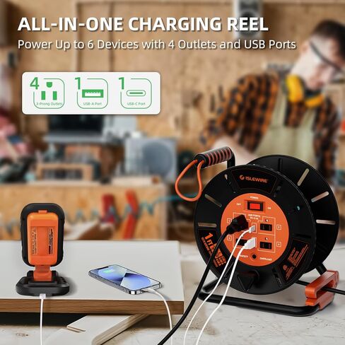 Extension Cord Storage Reel with 4-Grounded Outlets & 2 USB Ports, Heavy Duty Open Cord Reel for 12/3,14/3,16/3 Gauge Power Cord, Hand Wind Retractable, 15A Circuit Breaker, ETL Listed, Orange in Saudi Arabia