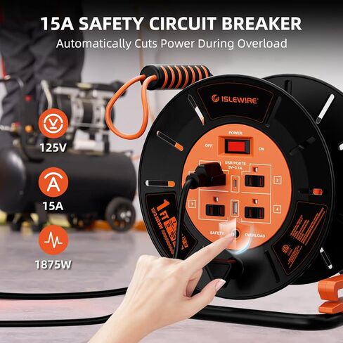 Extension Cord Storage Reel with 4-Grounded Outlets & 2 USB Ports, Heavy Duty Open Cord Reel for 12/3,14/3,16/3 Gauge Power Cord, Hand Wind Retractable, 15A Circuit Breaker, ETL Listed, Orange in Saudi Arabia