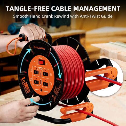 Extension Cord Storage Reel with 4-Grounded Outlets & 2 USB Ports, Heavy Duty Open Cord Reel for 12/3,14/3,16/3 Gauge Power Cord, Hand Wind Retractable, 15A Circuit Breaker, ETL Listed, Orange in Saudi Arabia