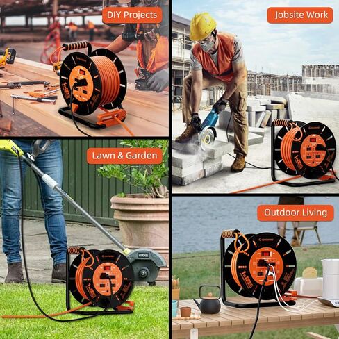 Extension Cord Storage Reel with 4-Grounded Outlets & 2 USB Ports, Heavy Duty Open Cord Reel for 12/3,14/3,16/3 Gauge Power Cord, Hand Wind Retractable, 15A Circuit Breaker, ETL Listed, Orange in Saudi Arabia