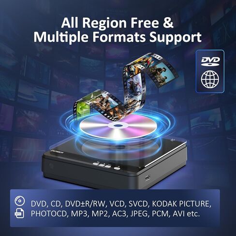 مشغل DVD محمول، مشغل DVD مجاني لجميع المناطق مع ترقية 1080P HDMI للتلفزيون الذكي، مشغل DVD صغير الحجم مع مخرج HDMI وAV، تشغيل USB، مضاد للصدمات، جهاز تحكم متضمن in Kuwait