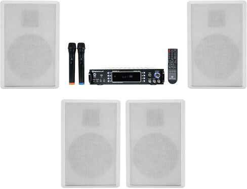 حزمة Rockville: RPA70WBT V2 1000w 2-Ch USB Bluetooth Amplifier/Mixer+(2) ميكروفونات لحزمة المطاعم/البار/المقهى مع (2) زوج RockSlim White Home Theater 5.25 بوصة 240 وات مكبرات صوت رفيعة مثبتة على الحائط (3 قطع) in Saudi Arabia