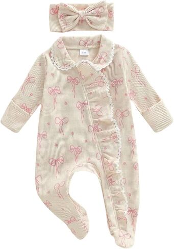 allshope Newborn Baby Girl Fall Outfit Romper Footies Waffle Bow Zip Up Footed Jumpsuit Ruffle Trim Infant Clothes in Saudi Arabia