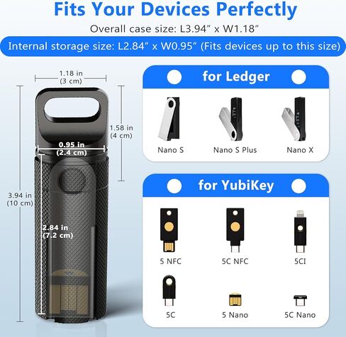 حافظة محفظة تشفير من سبائك الألومنيوم متوافقة مع Ledger Nano X/S Plus/S YubiKey 5/5C NFC 5Ci USB، حقيبة حمل محمولة للتخزين الآمن مع حبل وحلقة تسلق، مقاومة للماء والصدمات (أسود) in Kuwait
