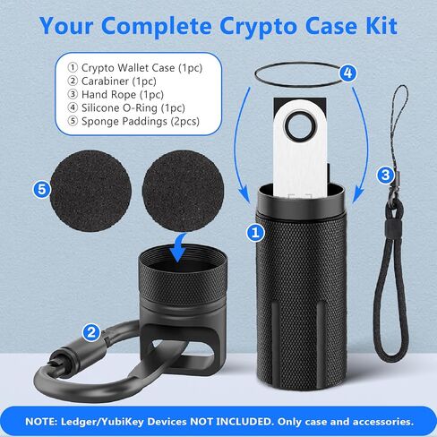 حافظة محفظة تشفير من سبائك الألومنيوم متوافقة مع Ledger Nano X/S Plus/S YubiKey 5/5C NFC 5Ci USB، حقيبة حمل محمولة للتخزين الآمن مع حبل وحلقة تسلق، مقاومة للماء والصدمات (أسود) in Kuwait