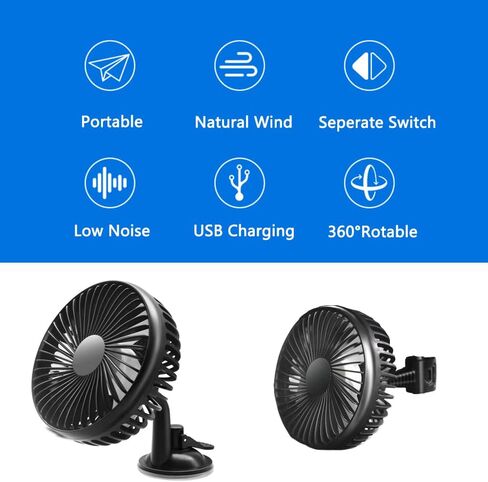 Riloer ABS مروحة تبريد السيارة، مروحة تبريد السيارة، مروحة تبريد السيارة السوداء، مروحة رأس واحدة للسيارة، مروحة سيارة عالمية قابلة للدوران 360 درجة، مروحة تبريد السيارة مع حامل شفط أو حامل مسند الرأس - حامل الشفط in Kuwait