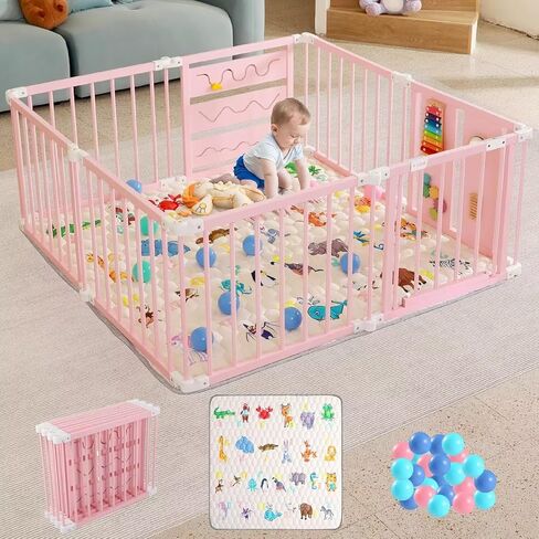 Foldable Wooden Baby Playpen with Soft Play Mat & Gate | 36 Colorful Balls, Adjustable Panels, Portable Play Area, Activity Center, Babies & Toddlers, 56x56x23inches in Saudi Arabia