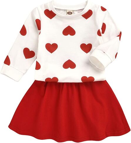 Toddler Baby Girls Valentines Outfits Long Sleeve Heart Print Top + Red Skirt Set in Saudi Arabia