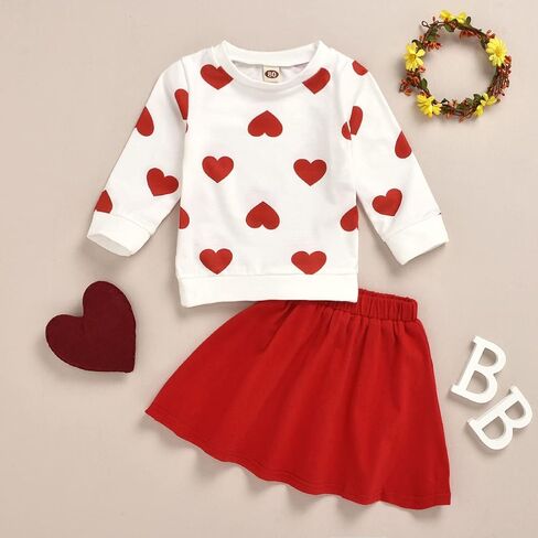 Toddler Baby Girls Valentines Outfits Long Sleeve Heart Print Top + Red Skirt Set in Saudi Arabia