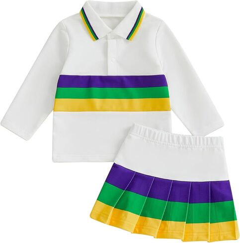 Baby Girl Mardi Gras Outfit Lapel Button T Shirt Purple Yellow Green Pleated Skirt Set Toddler Carnival Party Clothes in Saudi Arabia