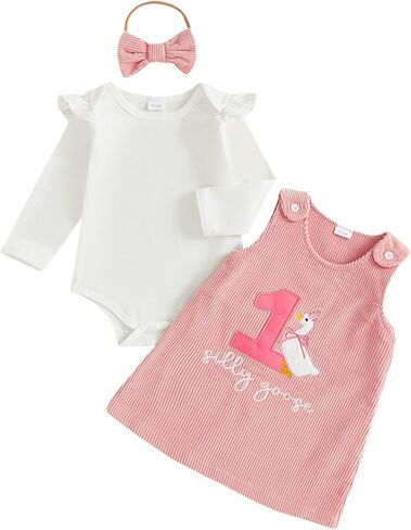 Baby Girl 1st Birthday Outfit One Silly Goose Overall Dress Romper Corduroy Skirt Set Headband 3Pcs Fall Clothes in Saudi Arabia