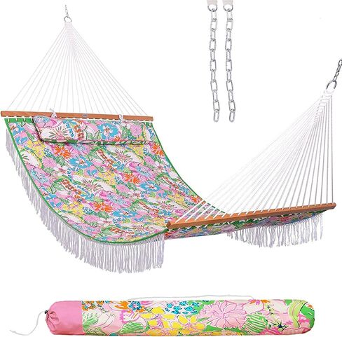 Lazy Daze Hammocks 12FT Quilted Fabric Hammock with Soft Pillow, Double 2 Person Tree Hammock with Spreader Bar for Outdoor Patio Backyard Poolside, 450lbs Weight Capacity, Blue Floral in Kuwait