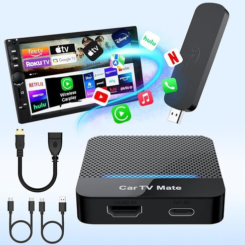 Car TV Mate Pro - محول CarPlay & HDMI اللاسلكي لأجهزة Fire T V Stick وiPhone وAndroid - التوصيل والتشغيل 2K Streaming Dongle لترفيه شاشات السيارات - متوافق مع USB-C وUSB-A (2016+) in Kuwait