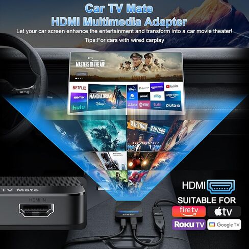 Car TV Mate Pro - محول CarPlay & HDMI اللاسلكي لأجهزة Fire T V Stick وiPhone وAndroid - التوصيل والتشغيل 2K Streaming Dongle لترفيه شاشات السيارات - متوافق مع USB-C وUSB-A (2016+) in Kuwait