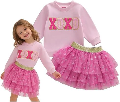 Bmnmsl طفل رضيع فتاة عيد الحب وتتسابق XOXO البلوز أعلى + توتو تنورة 2 قطعة مجموعة طويلة الأكمام الربيع الاطفال الملابس in Kuwait