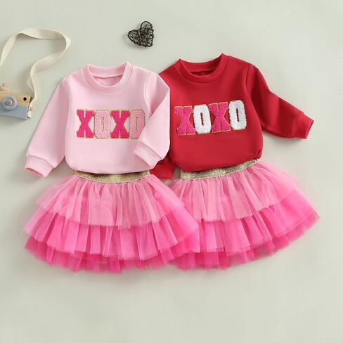 Bmnmsl Toddler Baby Girl Valentines Outfits XOXO Sweatshirt Top + Tutu Skirt 2Pcs Set Long Sleeve Spring Kids Clothes in Saudi Arabia