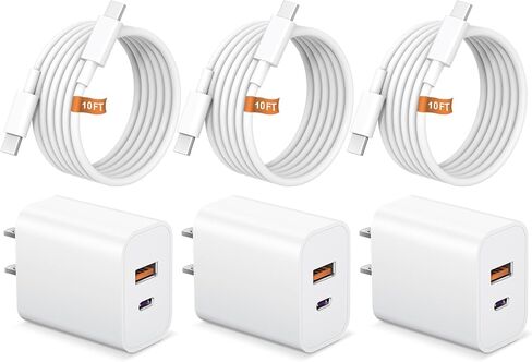 شاحن iPhone 17 16 15 شحن سريع USB C شاحن من النوع C مع 3 كابلات بطول 10 أقدام لهاتف iPhone 17/17 Plus/17 Pro Max/16/16 Plus/16 Pro Max/15 Pro Max/iPad Pro in Kuwait