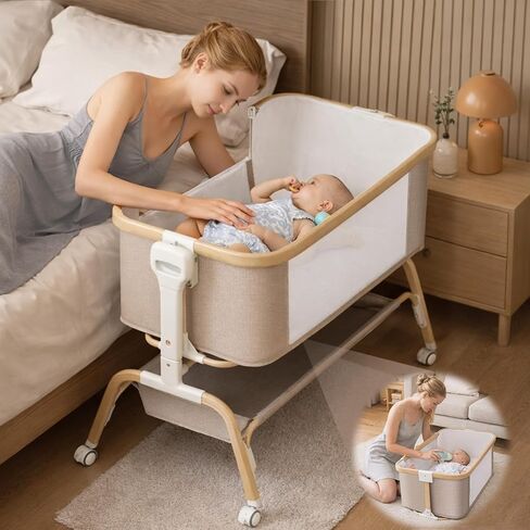 Rocking Baby Bassinet Bedside Sleeper, Detachable Portable Bassinet | Adjustable Crib with 8 Heights, Breathable Mesh, Storage Basket & Mobile Toy for Newborns to Toddlers(Oatmeal) in Saudi Arabia