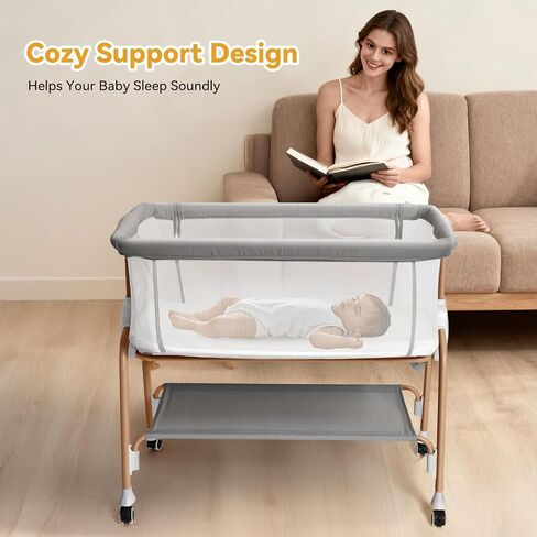 Bassinet Bedside Sleeper, Bedside Bassinet for Newborn, Baby Bassinet with 5 Adjustable Height, Rocking Bassinet with Wheels, Breathable Mesh & Mattress, Easy Folding Portable Bedside Crib(Gray) in Saudi Arabia