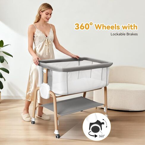 Bassinet Bedside Sleeper, Bedside Bassinet for Newborn, Baby Bassinet with 5 Adjustable Height, Rocking Bassinet with Wheels, Breathable Mesh & Mattress, Easy Folding Portable Bedside Crib(Gray) in Saudi Arabia
