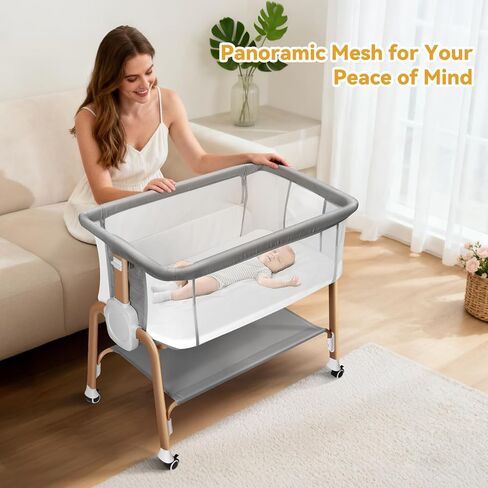 Bassinet Bedside Sleeper, Bedside Bassinet for Newborn, Baby Bassinet with 5 Adjustable Height, Rocking Bassinet with Wheels, Breathable Mesh & Mattress, Easy Folding Portable Bedside Crib(Gray) in Saudi Arabia