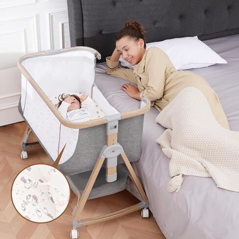 Baby Bassinet, Bassinet Bedside Sleeper with Waterproof Bassinet Sheets and Soft Mattress, Safe Adjustable Height Bedside Bassinets with Wheels, Girl/Boy Bassinets, Khaki in Saudi Arabia