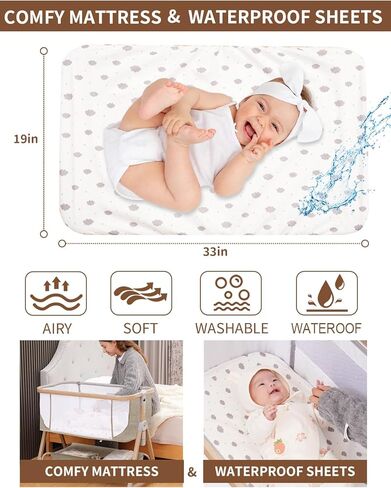 Baby Bassinet, Bassinet Bedside Sleeper with Waterproof Bassinet Sheets and Soft Mattress, Safe Adjustable Height Bedside Bassinets with Wheels, Girl/Boy Bassinets, Khaki in Saudi Arabia