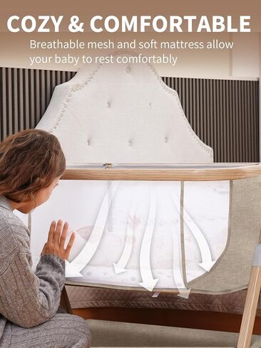 Baby Bassinet, Bassinet Bedside Sleeper with Waterproof Bassinet Sheets and Soft Mattress, Safe Adjustable Height Bedside Bassinets with Wheels, Girl/Boy Bassinets, Khaki in Saudi Arabia