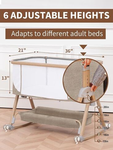 Baby Bassinet, Bassinet Bedside Sleeper with Waterproof Bassinet Sheets and Soft Mattress, Safe Adjustable Height Bedside Bassinets with Wheels, Girl/Boy Bassinets, Khaki in Saudi Arabia
