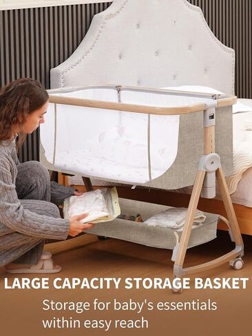 Baby Bassinet, Bassinet Bedside Sleeper with Waterproof Bassinet Sheets and Soft Mattress, Safe Adjustable Height Bedside Bassinets with Wheels, Girl/Boy Bassinets, Khaki in Saudi Arabia