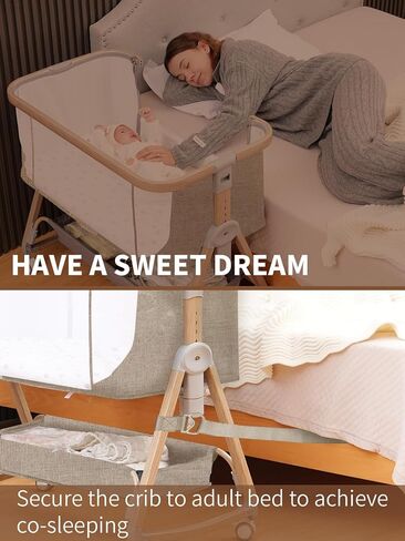 Baby Bassinet, Bassinet Bedside Sleeper with Waterproof Bassinet Sheets and Soft Mattress, Safe Adjustable Height Bedside Bassinets with Wheels, Girl/Boy Bassinets, Khaki in Saudi Arabia