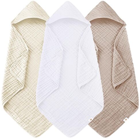 Sunny zzzZZ Muslin Hooded Baby Bath Towels - 3 Pack 100% Cotton Soft Low-Saturation Pastel Towels Including Classic White for Newborns, Infants, Toddlers - 32x32 Inch - Light Bean Paste and White in Saudi Arabia