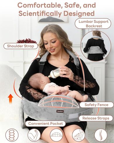 Nursing Pillow for Standing/Sitting Use- Springy Memory Foam for Support & Comfort, Large Breast Feeding Pillow - Safety Fence, Adjustable Waist Belt and Support Backrest, Removable Cover with Pocket in Kuwait
