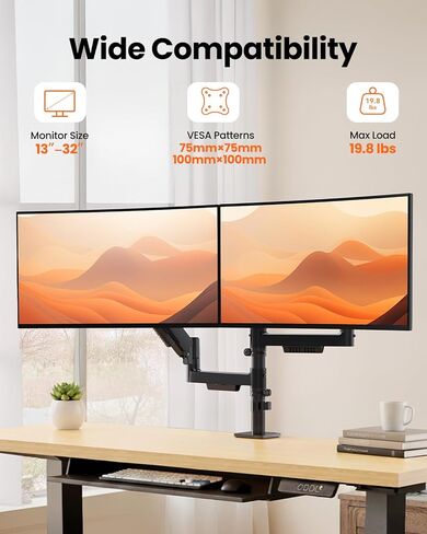 ErGear Vertical Dual Monitor Stand, Stacked Monitor Mount for 13-32″ Screens, Up to 19.8 lbs per Arm, Enhanced Stability with Integrated C-Clamp, Upgraded Cable Management, VESA 75x75/100x100mm, Black in Saudi Arabia