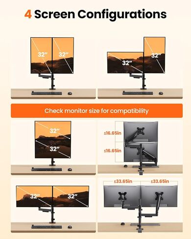 ErGear Vertical Dual Monitor Stand, Stacked Monitor Mount for 13-32″ Screens, Up to 19.8 lbs per Arm, Enhanced Stability with Integrated C-Clamp, Upgraded Cable Management, VESA 75x75/100x100mm, Black in Saudi Arabia
