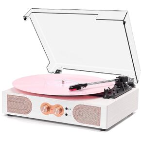 Vinyl Record Player with Built-in Speakers, 3-Speed Vintage Turntable with Bass Adjustment Knob, Bluetooth AUX Input, RCA Headphone Ouput, White in Kuwait