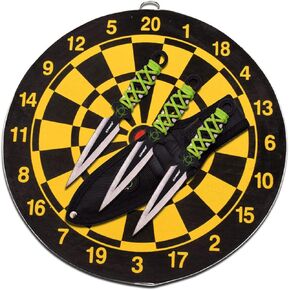 Z-Hunter Throwing Knife Set and Target Board - Set of 3 Knives, Black/Satin Steel Blades w/Bio Hazard Graphic, Green Cord Wrapped Handles, Full Tang, Target Board and Nylon Sheath - ZB-155SET, 6" in Kuwait