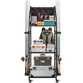 Fishing Pole Holders for Garage,3 Tiers Fishing Rod Rack,Holds up to 12 Rods,Fishing Organizer with Pegboard&Hooks&Lockable Wheels,Fishing Pole Storage for Reel Combos/Tackle/Fishing in Kuwait