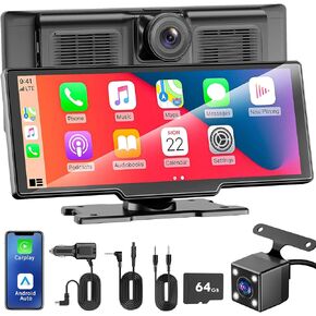 شاشة Apple Carplay مقاس 10.26 بوصة للسيارة، تشغيل السيارة اللاسلكية وشاشة لمس Android Auto HD، كاميرا داش 4K، كاميرا احتياطية 1080 بكسل، بلوتوث/FM/وصلة مرآة/تشغيل الموسيقى/ملاحة GPS، لجميع المركبات in Kuwait