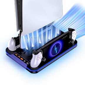 قاعدة تبريد SOTY PS5/Pro/Slim مع مصابيح RGB وشاحن بوابة PS، وقاعدة شحن وحدة تحكم PS5&Edge؛ محطة تبريد؛ محطة شحن وحدة التحكم؛ مجموعة ملحقات PS5/Slim/Pro؛ حامل سماعة الرأس، وحدة تخزين للتحكم عن بعد؛ أسود in Kuwait