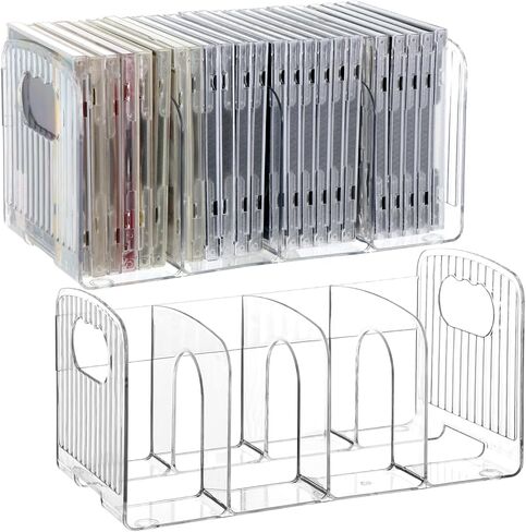 2 Pack Clear Acrylic CD Holder DVD/CD Display Racks CD Storage Box with Handle, 4 Compartments Desktop CD Organizer for Media Shelf Storage and Oraganization, Hold 32-48 Cases in Kuwait